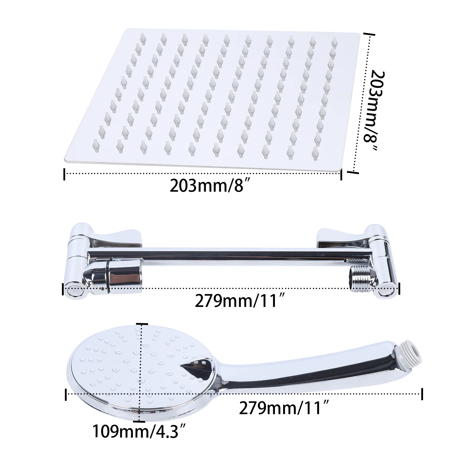 8'' High Pressure Rainfall Shower Head Handheld Shower Combo With 11'' Extension