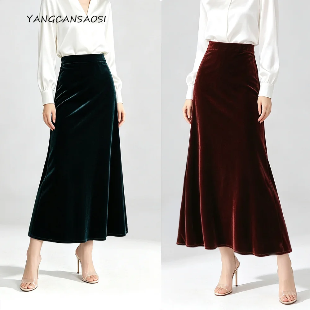 Women's Fashion Autumn Clothing 30% Natural Mulberry Silk Velvet Extended Fit Slant Cut Solid Color Butt Wrapped Tail Skirt