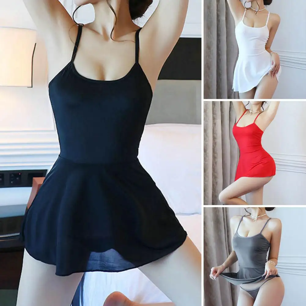 

Chic Push Up Sleeveless Sexy Spaghetti Straps Nightdress Low Rise Panties Set Skin-Touch Pajamas Dress Briefs for Bedroom