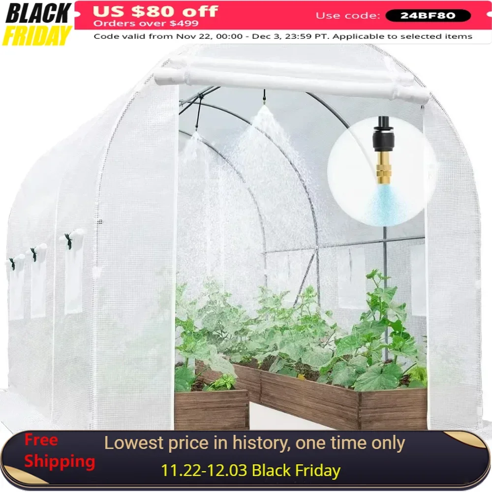 

Greenhouse, 15 FT Walk-in Tunnel Plant Hot Greenhouse W/ Heavy Duty Steel Frame, Zippered Screen Doors Windows, Green House