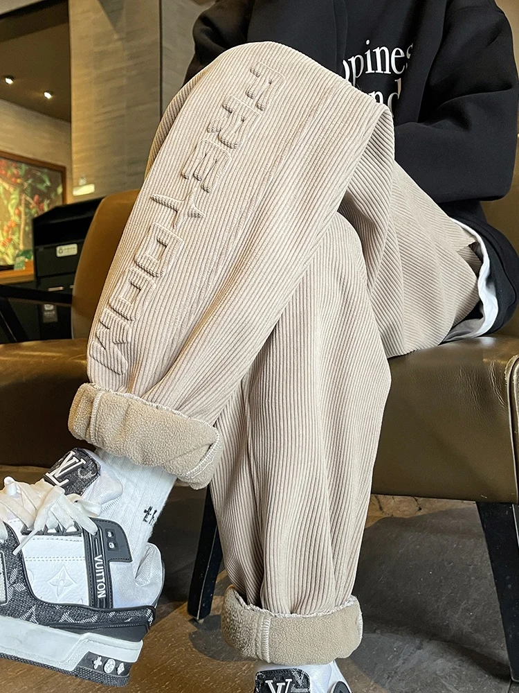 

Men's Thiened Fce Corduroy Pants Winter Sports Trousers Tapered Cuffed Letter Emed High-End Casual Pants