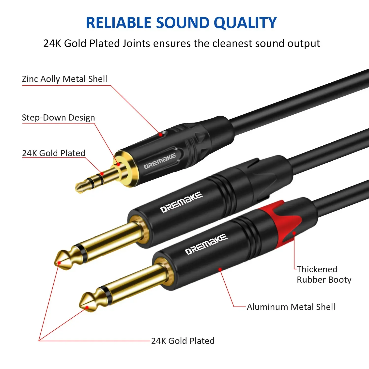 DREMAKE 3.5mm 1/8\'\' TRS to Dual 6.35mm 1/4\'\' TS Mono Cable TRS 1/8\'\' to 2 x 1/4\'\' TS M-M Stereo Audio Y Splitter Breakout Cable