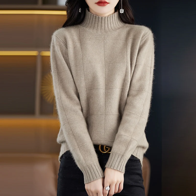 

DjzDsm 100% Mink Cashmere Knitted Sweater 2024 Autumn Winter New Woman Clothing Half High Collar Thickened Pullover Solid Color