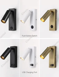 New Led Wall Lamp Sconce with Switch Black Brass Creative USB Port Reading Wall Lamp with 3W Spotlight for Bedroom Bedside