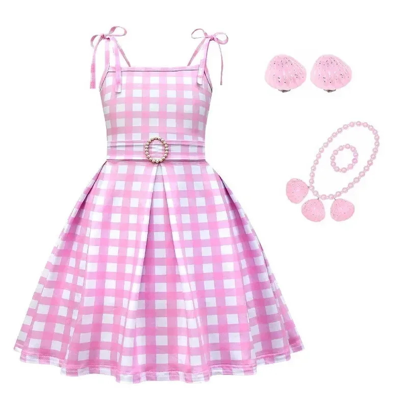Baby Girl Barbie Dresses Fashion Plaid Sweet Cosplay Costume Summer Strap Slim Children Outfit for 3-10 Years Kids Outfita