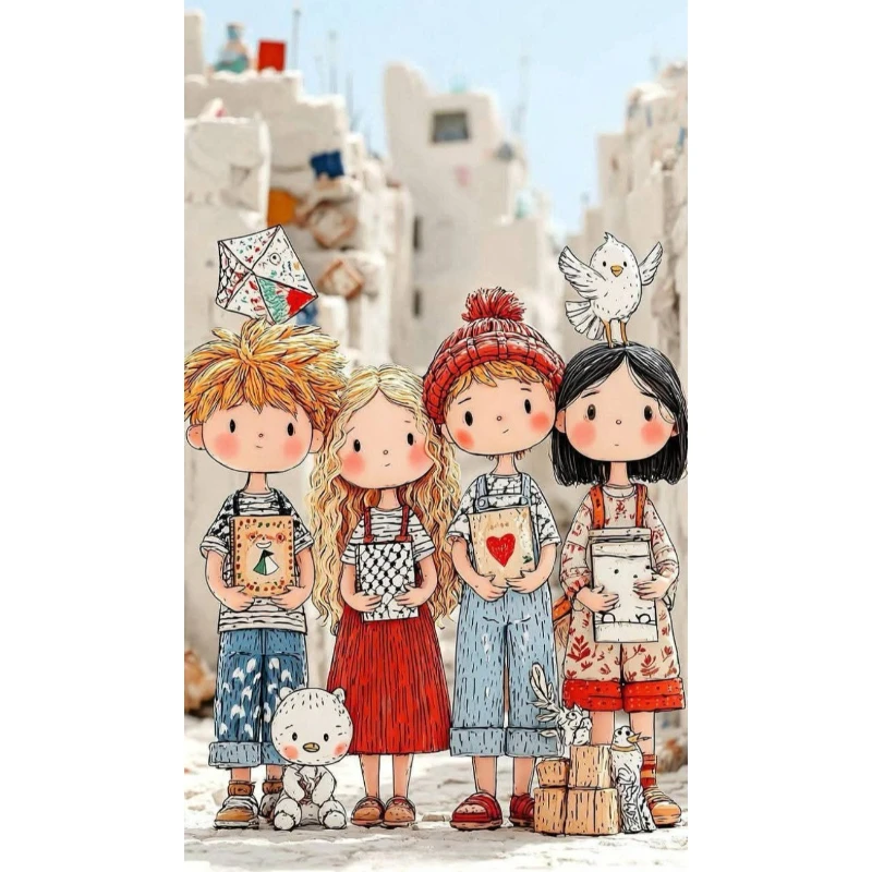 Cute Cartoon Figure Holding Boxes Oil Painting DIY Abstract Seascape Digital Canvas Art Wall Decor for Game Room or Living Room