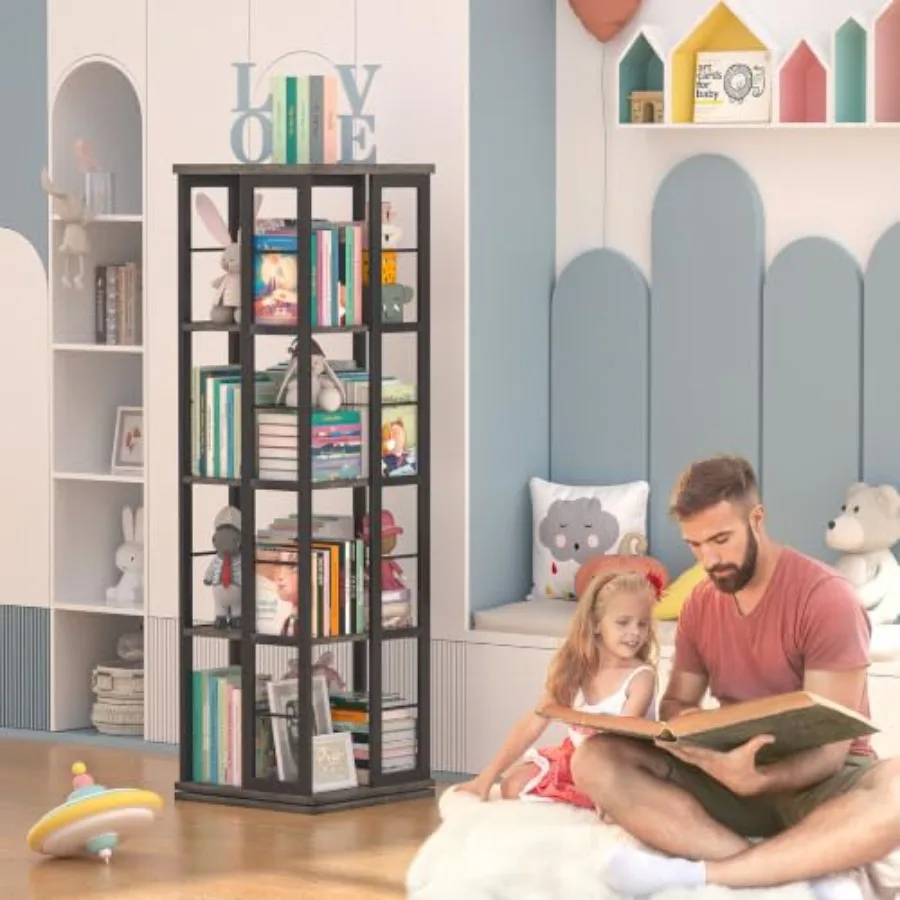 Rotating Bookshelf for Small Space, Solid Wood Corner Bookshelf in Natural Finish, 360 Spinning Display with Smooth Revolving M