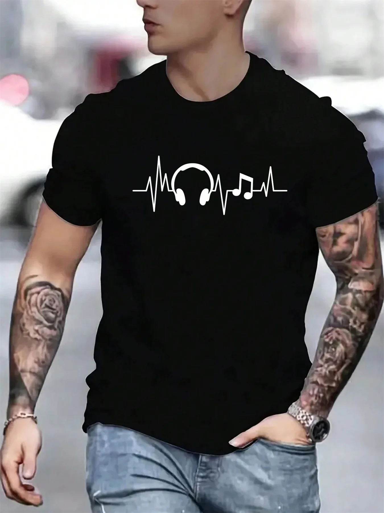 2025 new model Men's Summer 100% Cotton Fashionable Casual Loose Large Headphone Pattern Printed Sports Round Neck Short Sleeve
