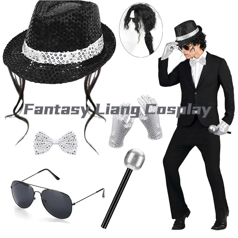 Micheal Jackson Cosplay Costume Wig Sequin Hat Tie Gloves Set for Disco Stage Performance Halloween Carnival Party Dress Up