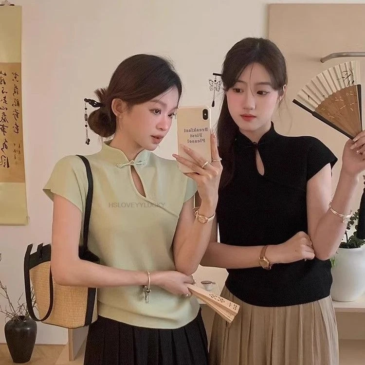 النمط الصيني طوق قصيرة الأكمام رائعة فريدة من نوعها بلوزة شيونغسام لطيف التخسيس محبوك سيدة قاعدة قميص Vinatge #1