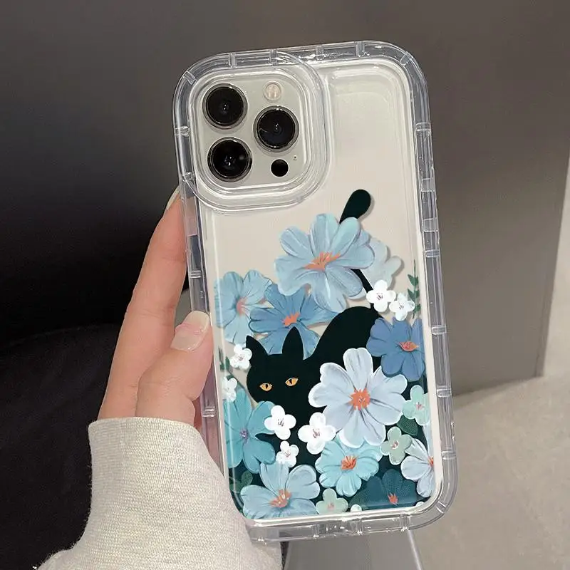 블랙 캣 플라워 케이스 아이폰 17 16 15 14 프로 맥스 13 12 미니 11프로 XR 7 8 플러스 충격 방지 커버 방진 케이스