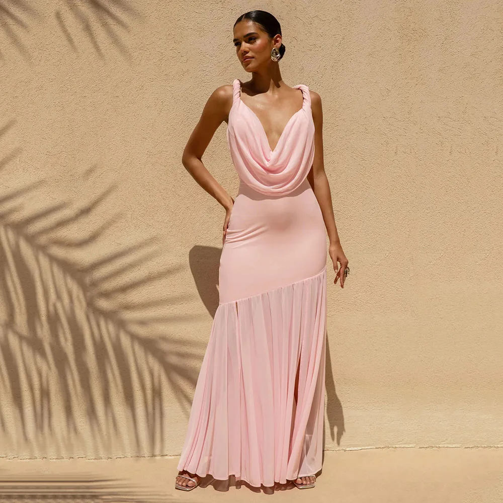 

Customized Latest Pink Evening Dresses Back Out Prom Gowns Sexy Deep V Neckline Summer Wedding Guest Dresses Beach Sleeveless