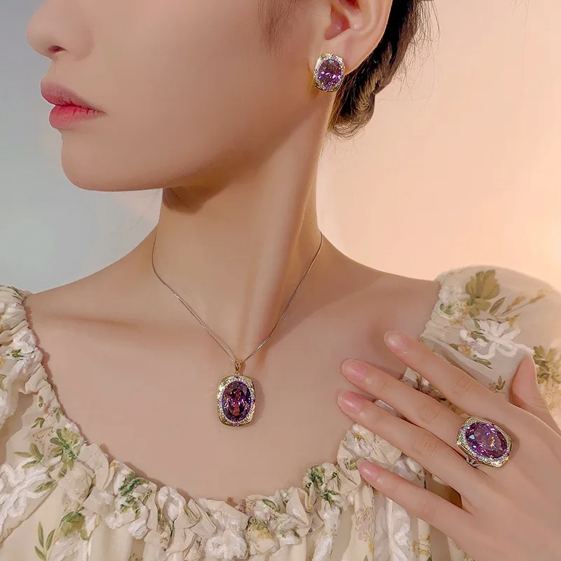 Shiny Purple Necklace Earrings Ring 3 Piece Women's Dress Everyday Jewelry Suitable for Wedding Prom Gifts