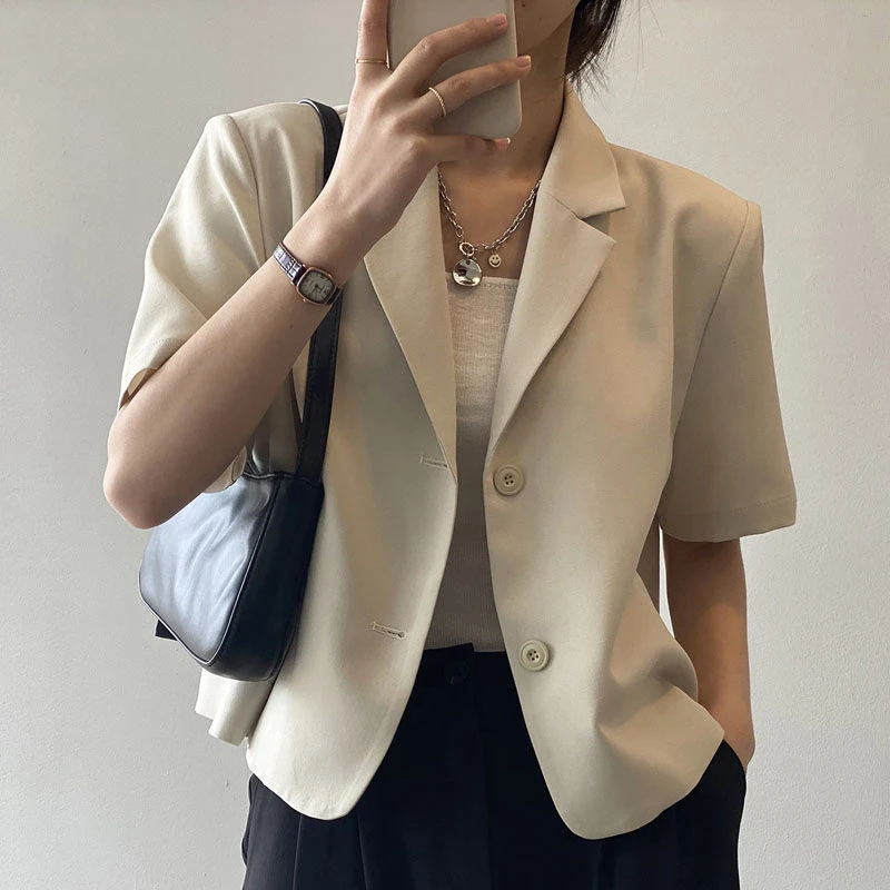 MEXZT Blazers Women S-4Xl Elegant Solid Suit Jackets Office Lady Korean Short Sleeve Single Breasted Casual Blazer Casual Coat