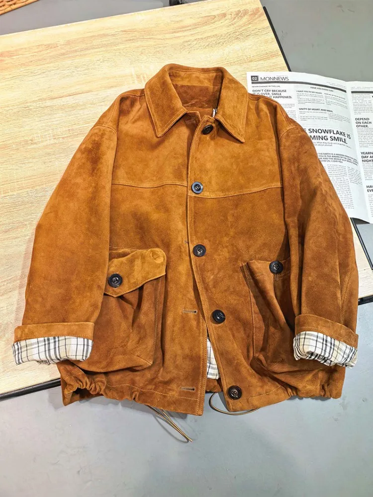 Autumn Women New Fashion Retro Real suede Short Coat Casual Single Breasted Turn Down Collar Long Sleeve Genuine Leather Jacket