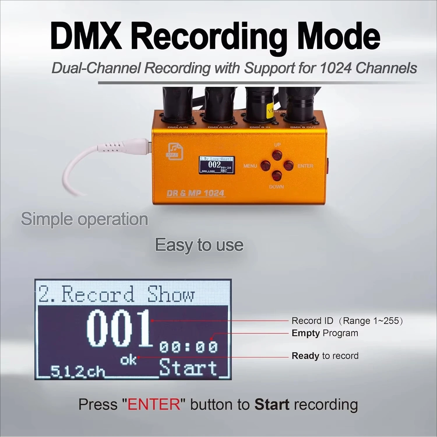 DR MP 1024 DMX Recorder Music Player 2 Universe 255 Programs 32GB microSD Metal 1024 Channels 2-Channel Output Multiple