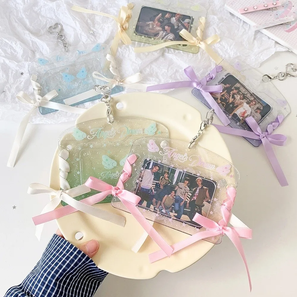 INS PVC 3-inch Photocard Holder with Ribbon Bow & Keychain Waterproof Photo Card Protector Transparent Card Cover Students