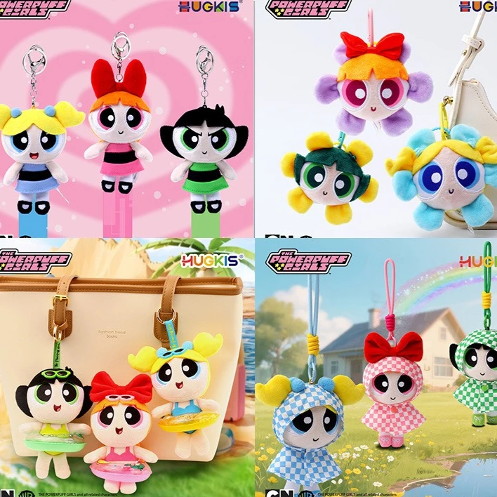 Authentic HUGKIS The Powerpuff Girls Plush Keychain Anime Cute Blossom Bubbles Stuffed Toy Bag Charm Pendant Gift for Girls