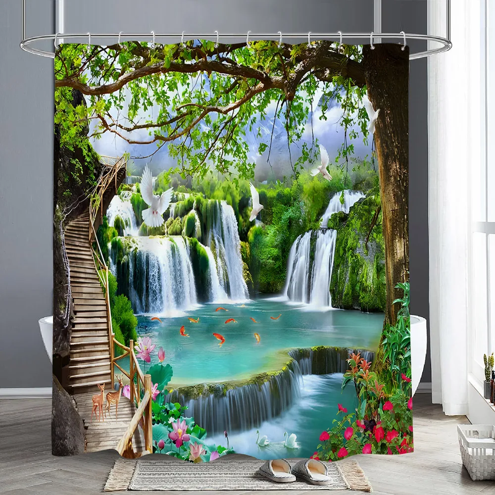 Waterfall Scenic Shower Curtain Landscape Nature Outdoor Landscape Pond Animal Polyester Fabric Shower Curtains Bathroom Decor