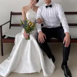 Newest A-line Wedding Dress Elegant Floor-length Sleeveless Party Dress Sweet Bow Halter Simple Stain Bridal Dresses Customized