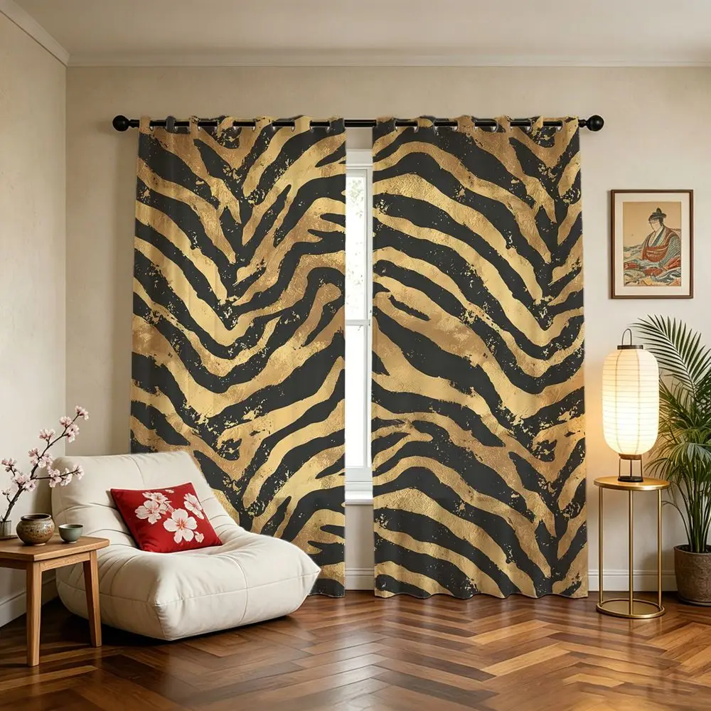 2 Panels Gold Black Zebra Stripes Printed Curtains Luxury Animal Pattern Window Drapes For Living Room Bedroom Home Decor