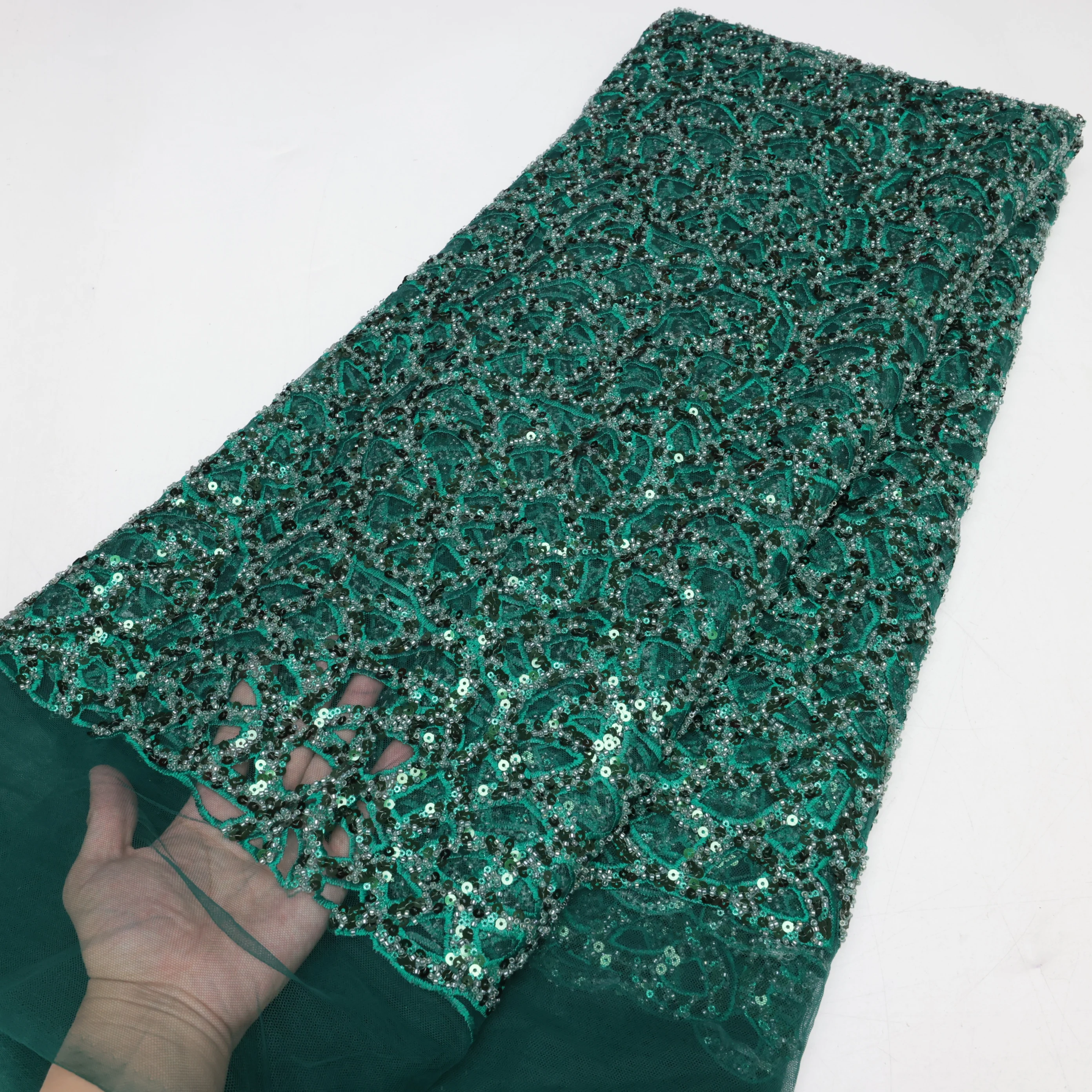 Green French Sequins Net Lace Fabric 2025 High Quality African Beaded Lace Fabric Nigerian Embroidery Wedding Party Lace Fabric