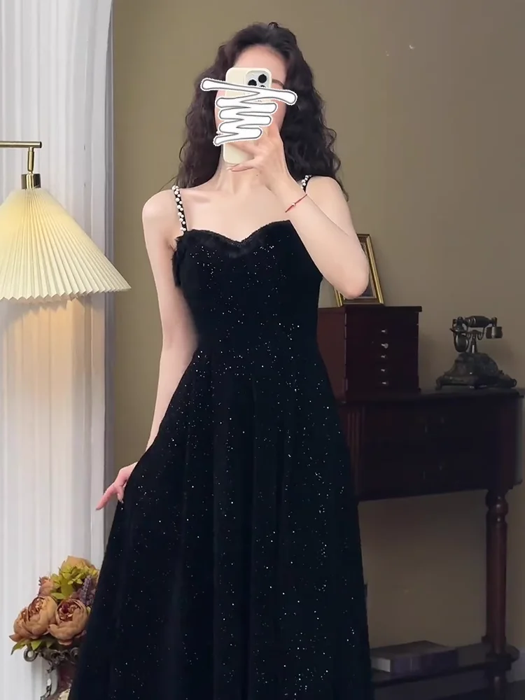 

Элегантное черное блестящее платье без бретелек Hebe Style: новое, роскошное, с эффектом утяжки на талии, для новогодних балов, А-силуэт, с длинными рукавами