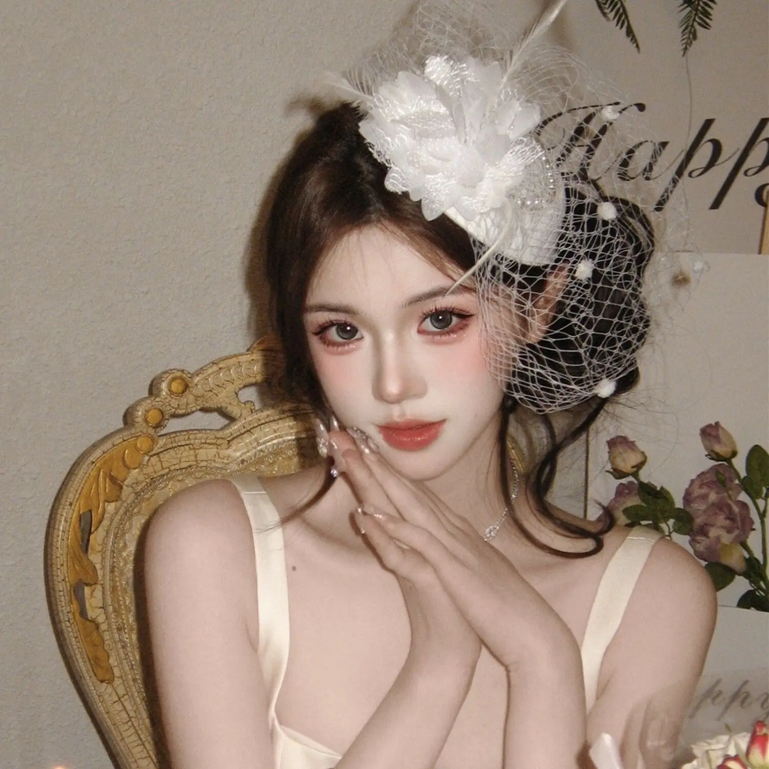 French Style Nobility Pink Tulle Fascinator, Elegant High-Grade Hair Accessories, Luxury Banquet Bride Headwear with Veil
