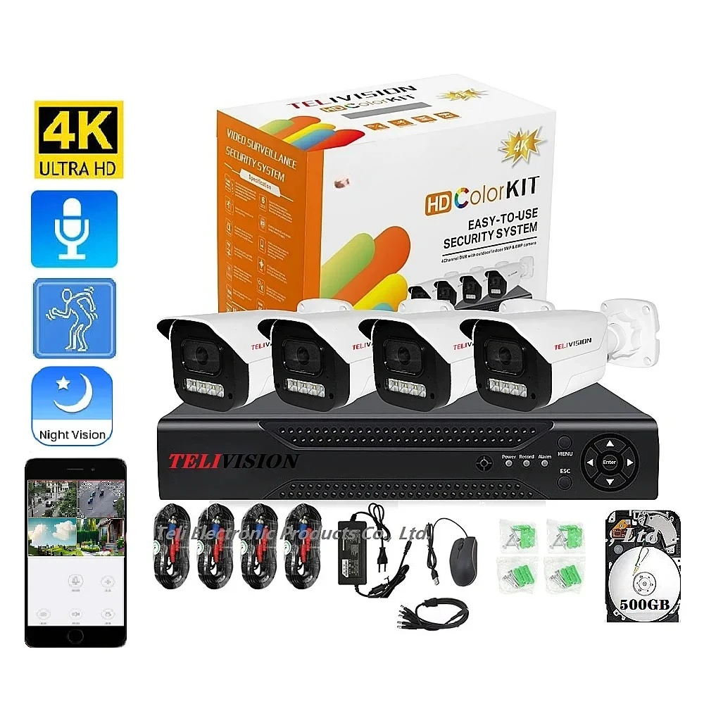 System Good Quality 3MP 5MP Full Color Night Vision Audio Waterproof IP66 4 500GB DVR Home CCTV Kit
