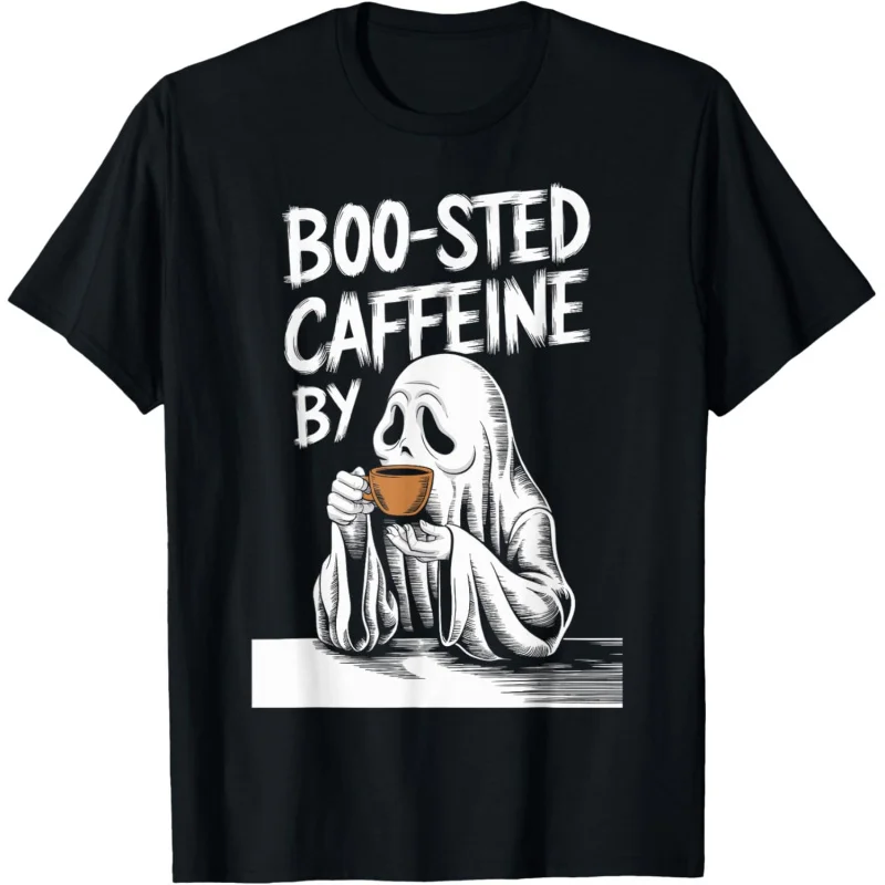 Enhanced Caffeine Ghost Pattern Women's T-shirt Designed for Coffee Enthusiasts on Halloween