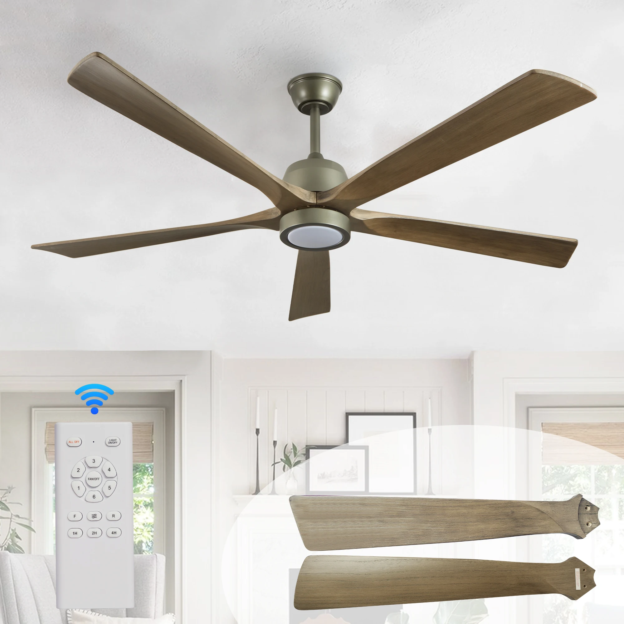 60“ Simple Modern Olive Green Wood Grain Silent Ceiling Fan Light, Remote Control Five-Blade Fan Light, Led Lighting with Timing Function, Adjustable Color Temperature, Suitable for Living Room & Bedroom Ceiling Light