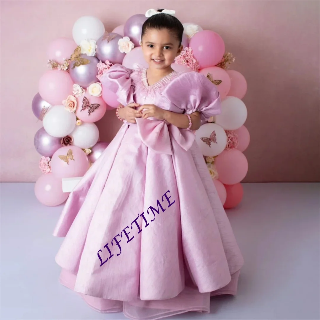 فاخر ريشة الخامس الرقبة نفخة الأكمام ألف خط الطية زهرة فتاة فستان طول الأرض كلاسيكي أنيق ثوب التواصل الأول مخصص #2