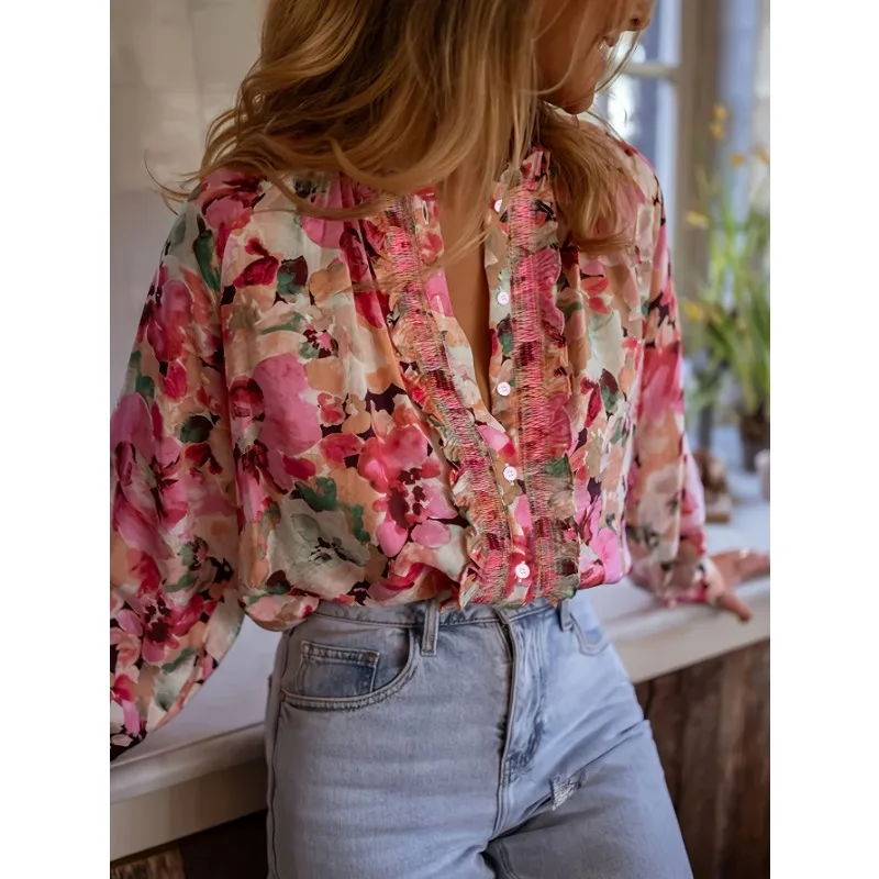 Camisa con estampado Floral, blusa de gasa, Tops de otoño para mujer, camisa Vintage holgada elegante de encaje empalmado, camisa coreana elegante, Tops con cuello redondo