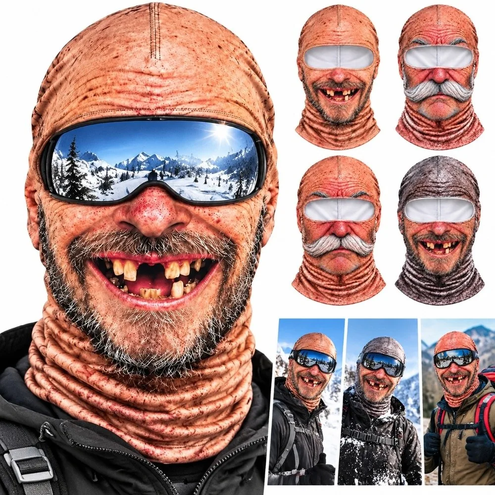 3D Face Printed Old Man Balaclava Full Coverage White Mustache Winter Mask Cover Stretch Breathable Eye Hole Novelty Headwear