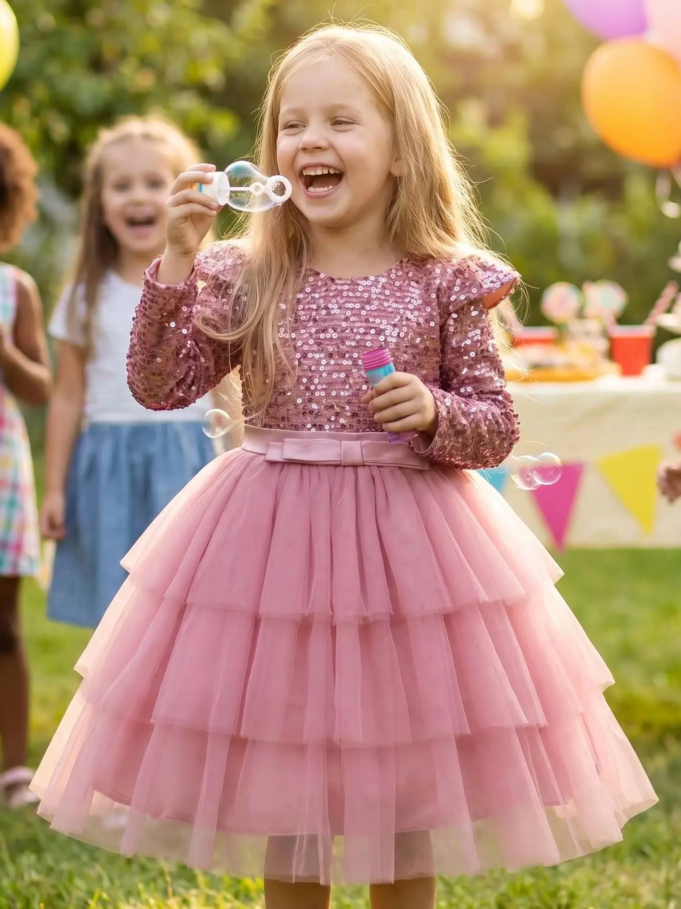 Girls Sequin Flower Girl Dress Long Sleeve Ruffle Shoulder Bow Layered Cake Tulle Princess Gown Christmas Wedding Birthday Party