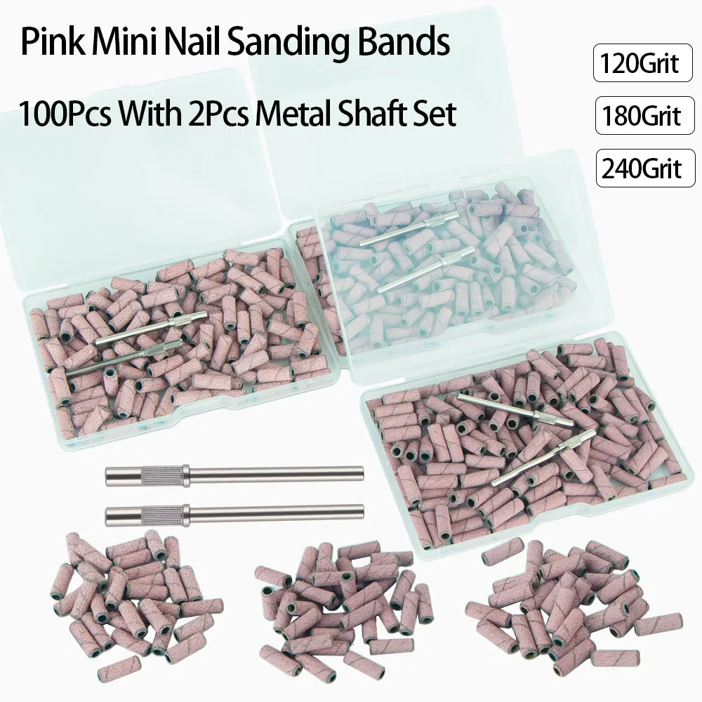 100 Uds bandas de lijado para taladro de uñas con 2 uds juego de brocas de mandril, Mini bandas de arena pequeñas de 3,1mm brocas para uñas acrílicas gel