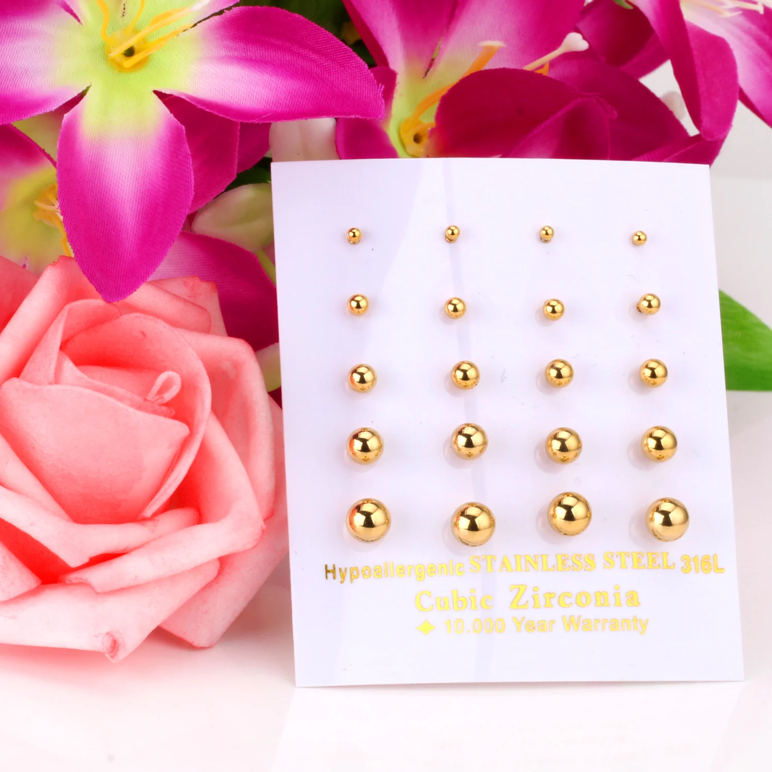 10Pair/Card Steel Ball Stud Earrings Gold Silver Plated Stainless Steel No Fading Women Men Casual Piercing Earrings Jewelry