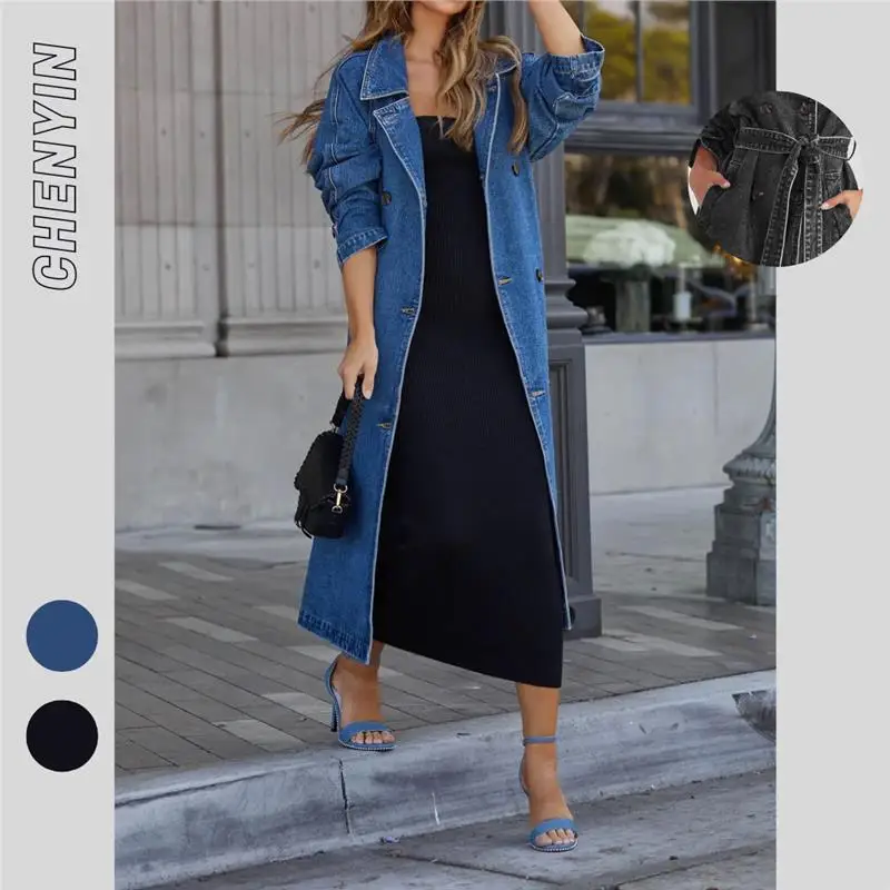 

Loose Women's Autumn Winter Denim Coat Double Breasted Long Outerwear with Two Side kets Faionable And Sli