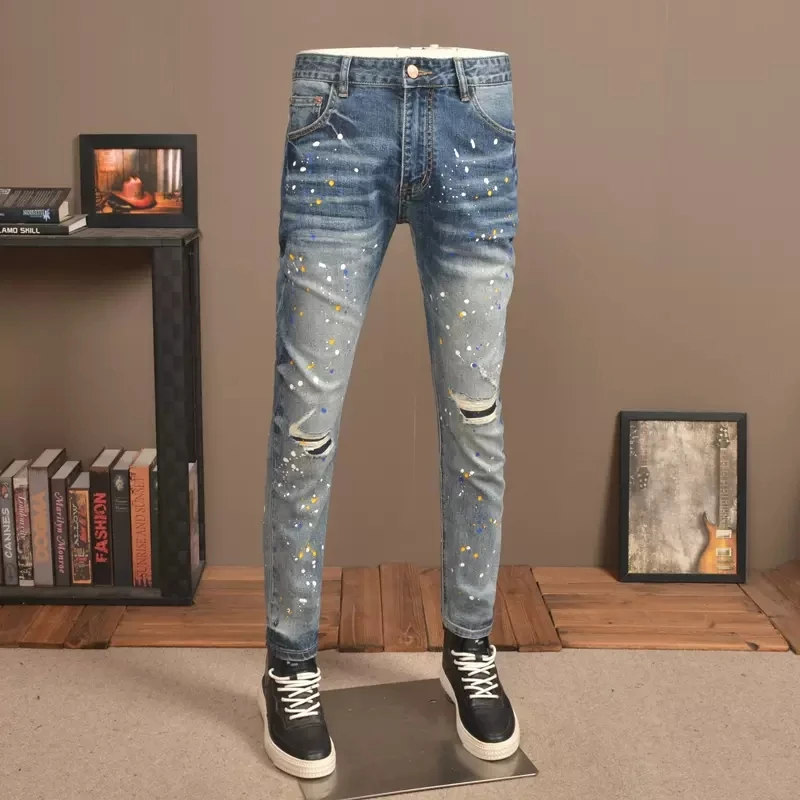 Street Fashion Men Jeans High Quality Retro Blue Stretch Elastic Skinny Ripped Jeans Men Painted Designer Hip Hop Pants Hombre