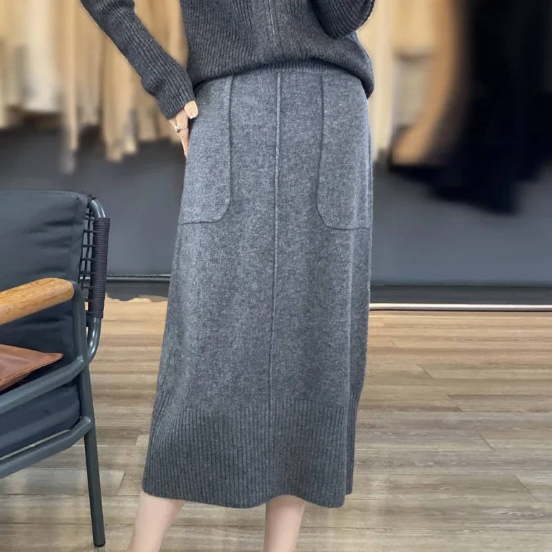 Women\'s Knitted Cashmere Skirt Double Pocket 100% Pure Wool Commuter Joker Straight Skirt for Autumn Winter New