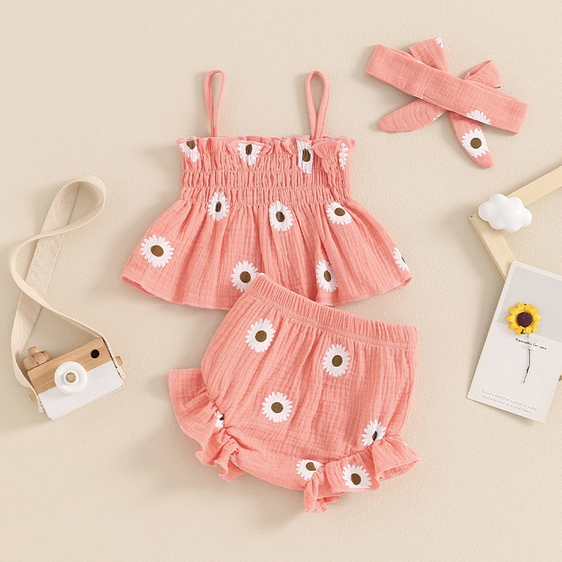 Toddler Newborn Baby Girl Summer Clothes Set Spaghetti Straps Pleated Flower Print Camisole with Shorts and Hairband Outfit