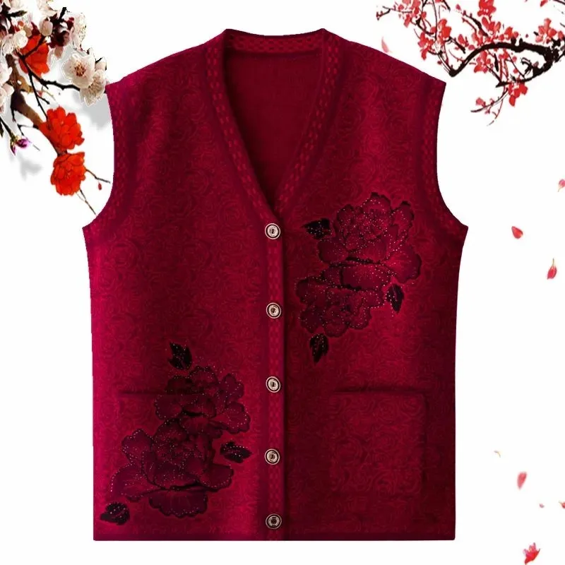 Middle-Aged Old Women Vest Sweater 2025 New Spring Autumn Knitted Waistcoat Jacket V-Neck Sleeveless Knitwear Coat Tops