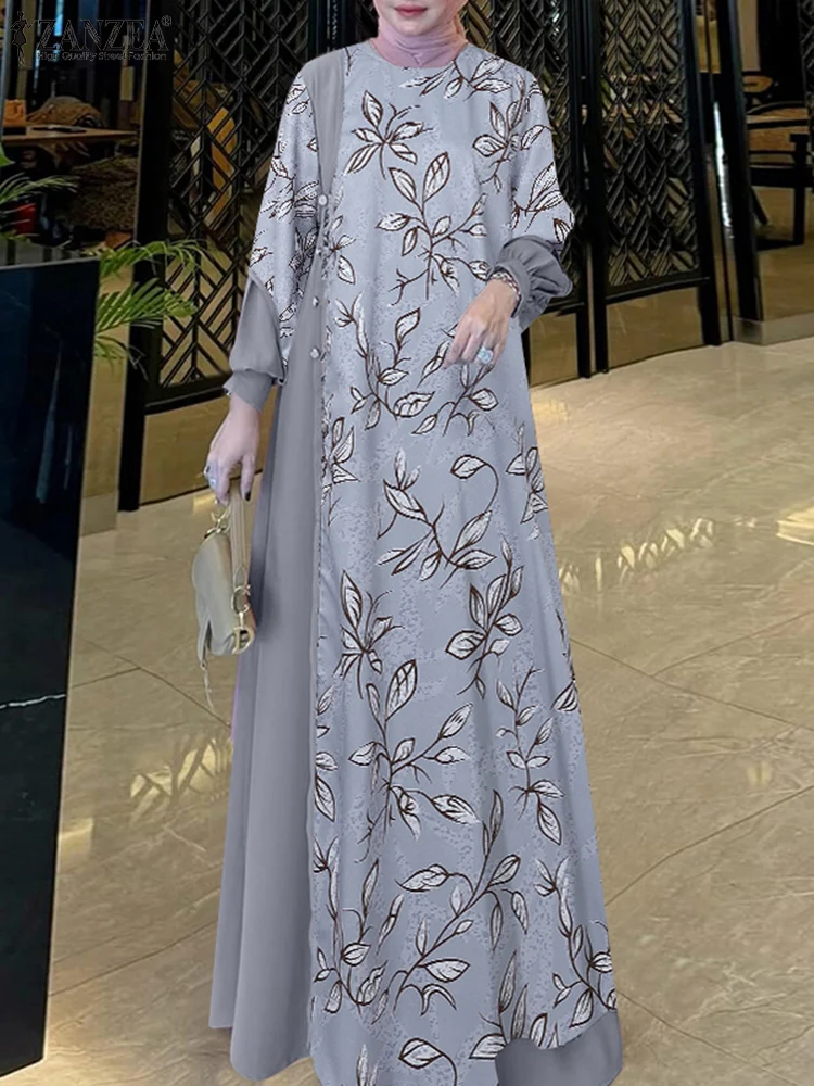 ZANZEA Elegant Women Patchwork Dresses Autumn Long Sleeve Printed Vestidos Muslim Hijab Sundress Robe Femme Maxi Long Dress