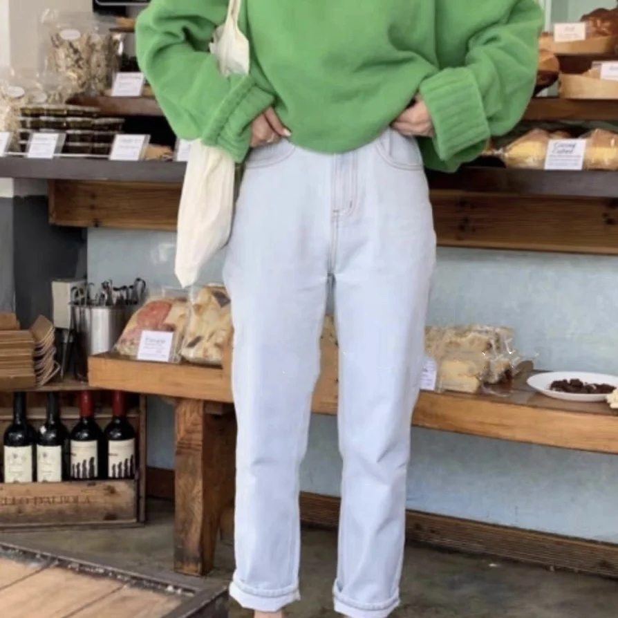 

Прямые джинсы с высокой талией, светло-голубые базовые джинсы, женские осенние новые повседневные джинсы свободного покроя на молнии