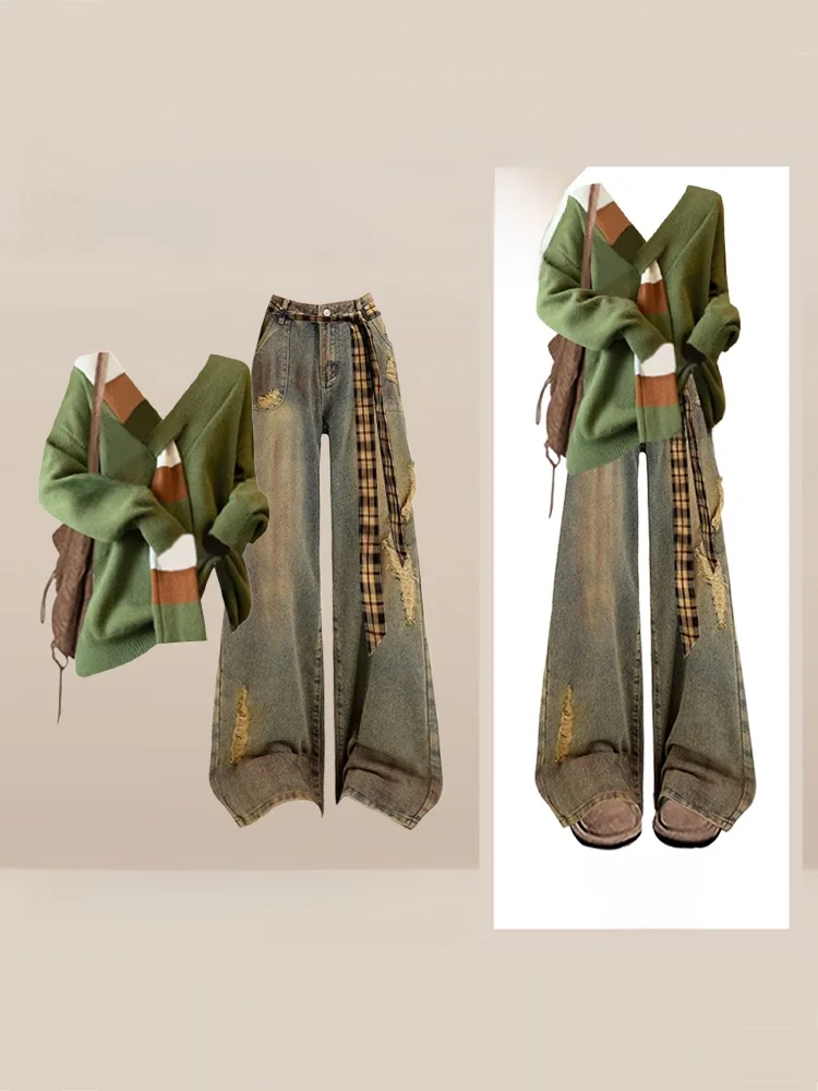 

Loose Fit V-Ne Sweater And Jeans Set with Stripe Design Winter Faion Casual Sle Women's Knittedwear Torn Denim Pants