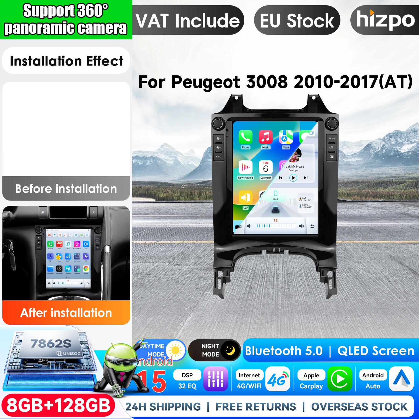 Image of Hizpo 9,7 Zoll Intelligentes Android-Autoradio für Peugeot 3008 AT 2010 - 2017, Multimedia-Player mit Navigation, GPS, WLAN, 4G, Stereo-Audio, 2-DIN-Haupteinheit, Monitor, Pro AI Sprachsteuerung,