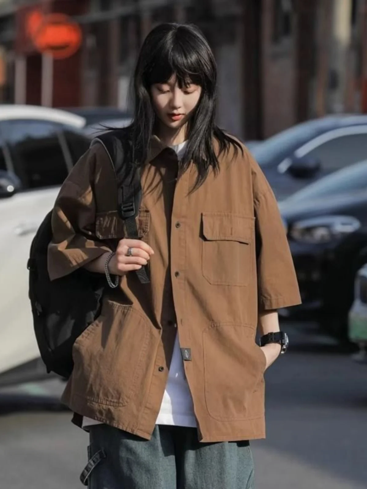 

Рубашка унисекс с коротким рукавом, цвет кофе, очень большого размера (до 136 кг), для работы, летняя, класса люкс, нейтральный стиль 2