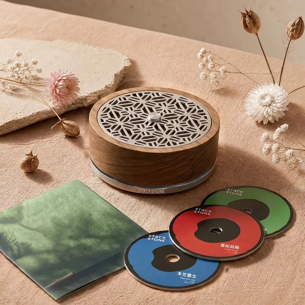 StackStone Vinyl Record Stabilizer Weight – 304 Stainless Steel Base, Walnut Wood, Carved Metal Cover with Scented Cards (300g)