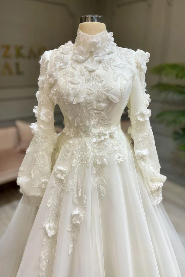 Customized Fabulous Muslim Wedding Dress 2026 Floral Lace With Beaded Gelinlik for Bride Lanter Sleeve A Line vestidos de novia