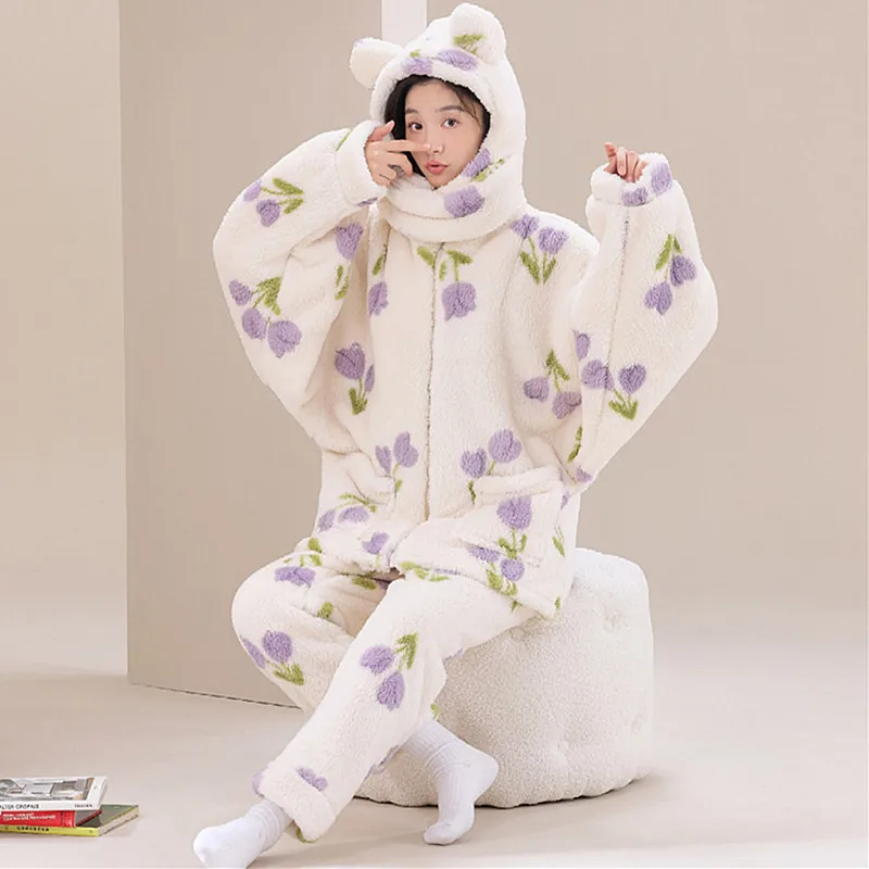 

Warm Sleepwear For Winter Pajamas Thicken Flannel Coral Fleece Women's Pajamas Set Hooded Cartoon Cute Nightwear Home Clothes